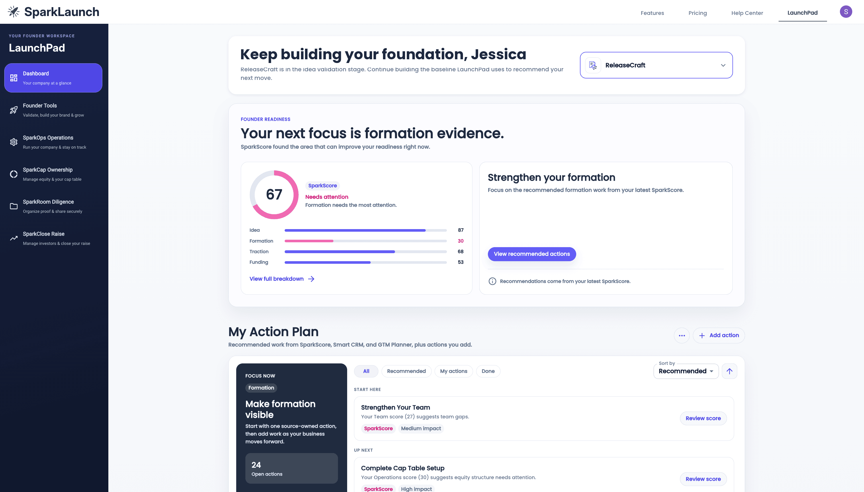 Current LaunchPad dashboard showing ReleaseCraft founder readiness and action plan
